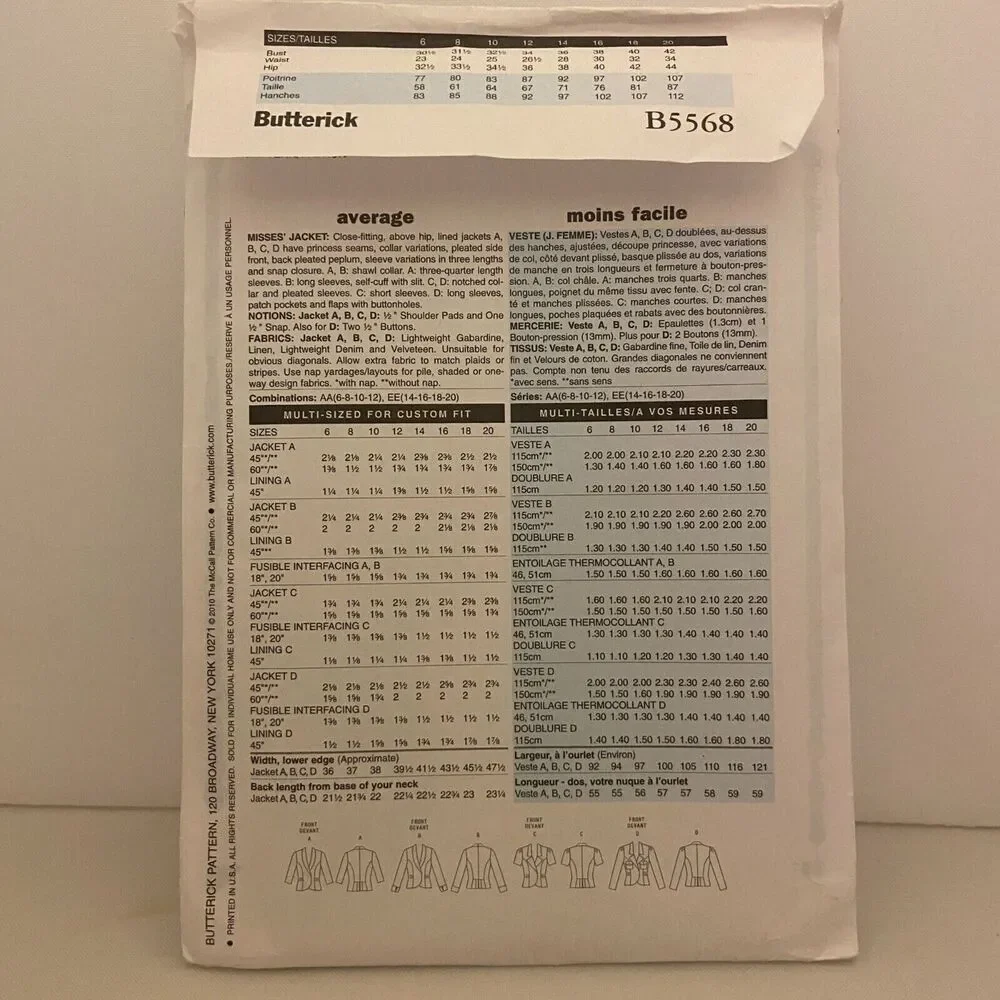#B5568 Butterick Misses Jacket Sewing Pattern Size 14-20
